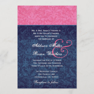 Rosa-und Marine-Blau-Damast Wedding metallisch Einladung