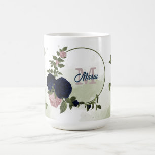 rosa und marineblaue Blumen grüne Monogramm Kaffeetasse
