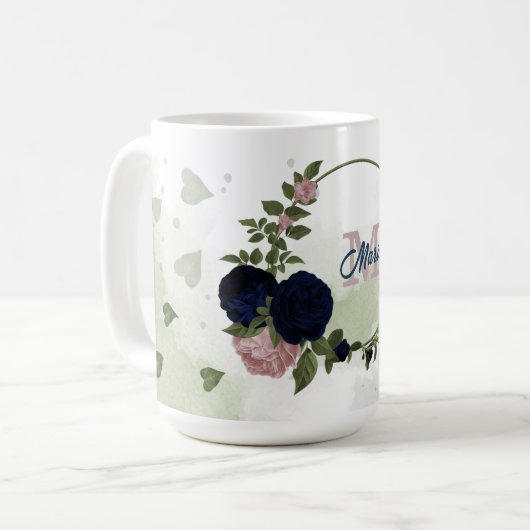 Rosa und marineblaue Blumen Grünpflanzen Monogramm Kaffeetasse (Vorderseite Links)