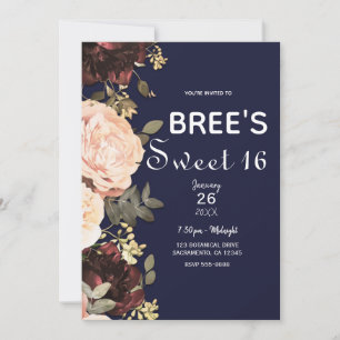 Rosa und marineblaue Floral Greenery Sweet 16 Einladung