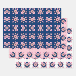 Rosa und marineblaue geometrische Blumenskizzen Geschenkpapier Set