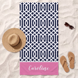 Rosa und Marineblaues Gittermonogramm Strandtuch