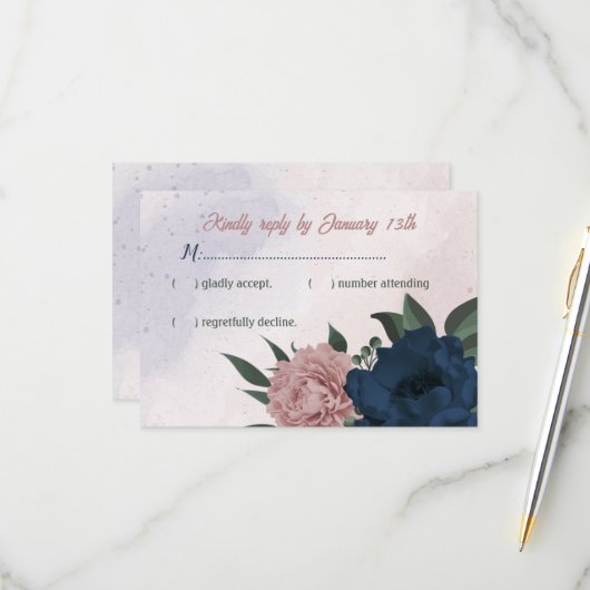 Rosa- und Marinehochzeit Blume RSVP Karte (Vorderseite/Rückseite Beispiel)