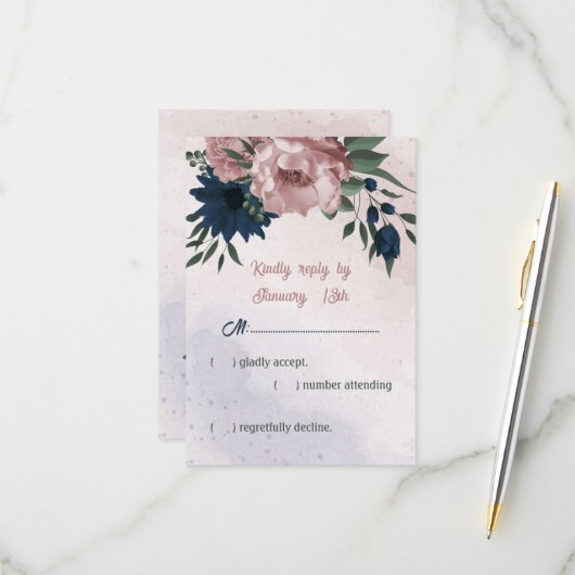 Rosa- und Marinehochzeit Blume RSVP Karte (Vorderseite/Rückseite Beispiel)