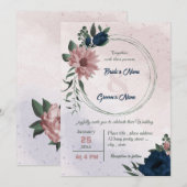 Rosa- und Marinehochzeit der botanischen Blume Einladung (Vorne/Hinten)