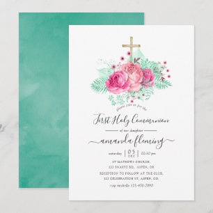 Rosa und Mint Blumen Erster Heiligen Kommunion Einladung