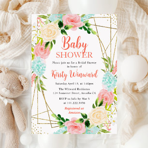 Rosa und Mint Blumen Rahmen Baby Shower Einladung