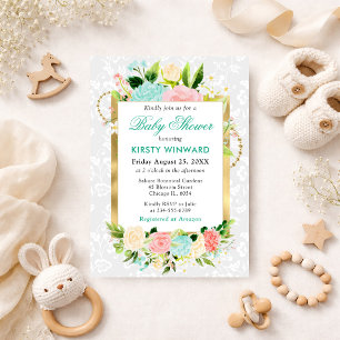 Rosa und Mint Sommerblumen Goldfolie Babyparty Einladung