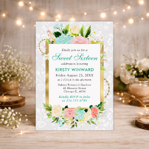 Rosa und Mint Sommerblumen Goldfolie Sweet 16 Einladung
