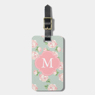 Rosa und mintfarbene Vintage-Rosen Muster Monogram Gepäckanhänger