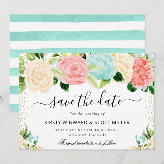 Rosa und Minz-Sommerblumen-Hochzeit Save The Date (Vorne/Hinten)