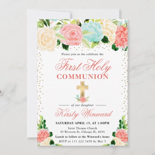 Rosa und Minze Blume Erste Heilige Kommune Einladung (Vorderseite)