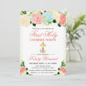 Rosa und Minze Blume Erste Heilige Kommune Einladung (Stehend Vorderseite)