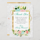 Rosa und Minze Blume Gold Geburtstag Dankeskarte (Vorne/Hinten)
