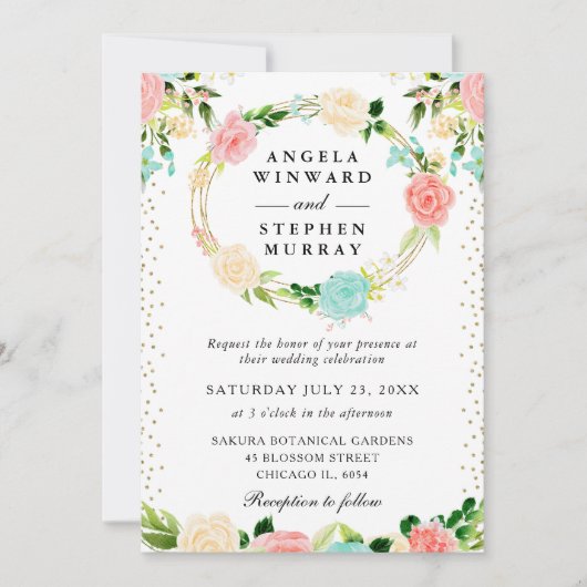 Rosa und Minze-Blume-Wraath-Hochzeit Einladung (Vorderseite)