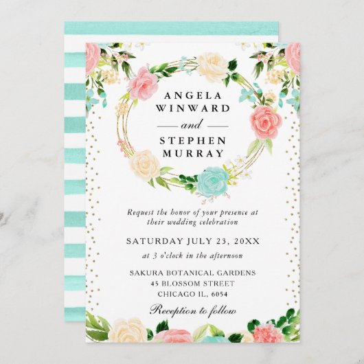 Rosa und Minze-Blume-Wraath-Hochzeit Einladung (Vorne/Hinten)
