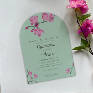 Rosa und Minze Grüne Kirsche Blossom Quinceanera Einladung