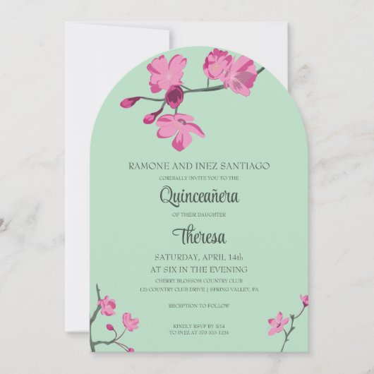 Rosa und Minze Grüne Kirsche Blossom Quinceanera Einladung (Vorderseite)