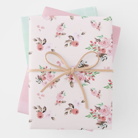 Rosa und Minze Wasserfarben, Blüten und feine Stre Geschenkpapier Set (Beispiel)