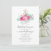 Rosa und Minzflora Erste Heilige Kommune Einladung (Stehend Vorderseite)