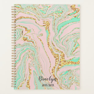 Rosa und Minzmarmor Gold Glitzer Personalisiert Planer