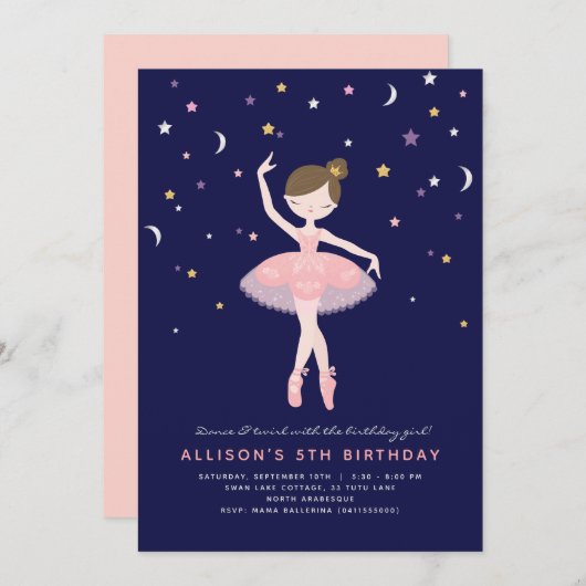 Rosa und Navy Ballerina Geburtstag Einladung (Vorne/Hinten)