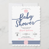 Rosa und Navy Blau, Sommer, Nautik, Baby Girl Einladung (Vorderseite)
