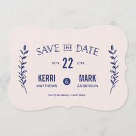 Rosa und Navy Blue Laurels Save the Date Karte
