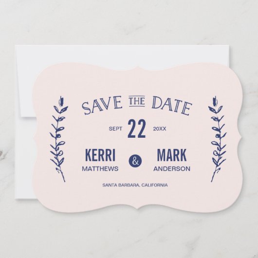 Rosa und Navy Blue Laurels Save the Date Karte (Vorderseite)
