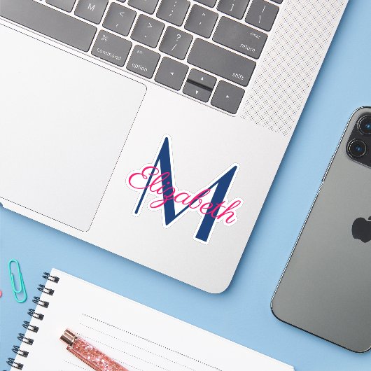 Rosa und Navy Blue Monogram Aufkleber (Laptop mit iPhone)