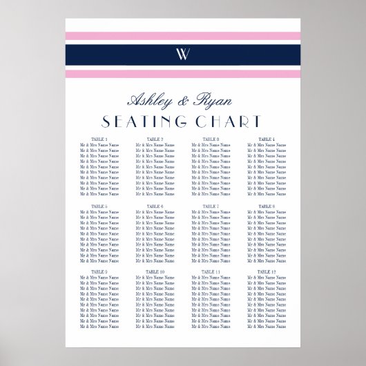 Rosa und Navy Blue Zwölf Tischkarten Poster (Vorne)