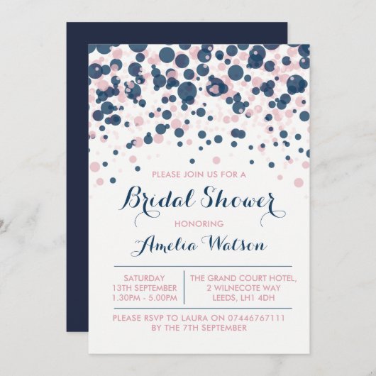 Rosa und Navy Confetti Brautdusche Einladung (Vorne/Hinten)