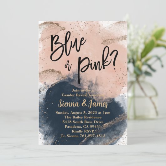 Rosa- und Navy-Gender-Offenbarung, Aquarell, Gold Einladung (Stehend Vorderseite)