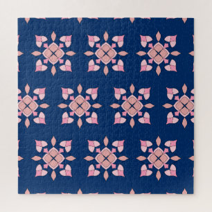 Rosa und Navy Geometrische Blumenfliesen Puzzle