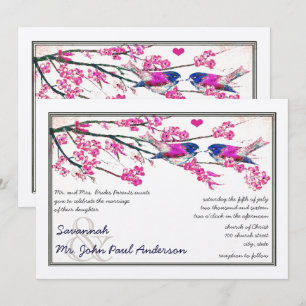 Rosa und Navy Liebesvogel Kirschblüten Hochzeit Einladung