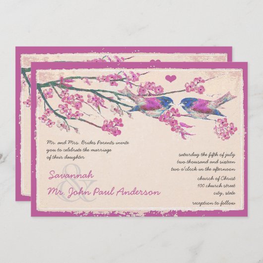 Rosa und Navy Love Bird Cherry Blossom Hochzeit Einladung (Vorne/Hinten)