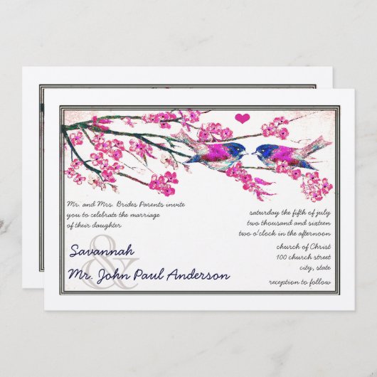 Rosa und Navy Love Bird Cherry Blossom Hochzeit Einladung (Vorne/Hinten)