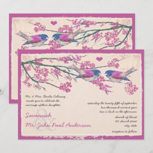 Rosa und Navy Love Bird Kirschblüten-Hochzeit Einladung