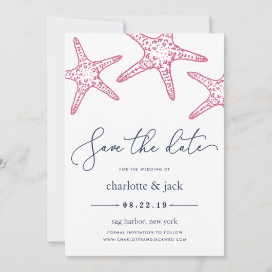 Rosa und Navy Starfish Save the Date Karte (Vorderseite)