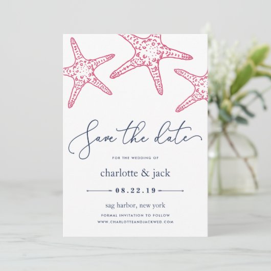 Rosa und Navy Starfish Save the Date Karte (Stehend Vorderseite)