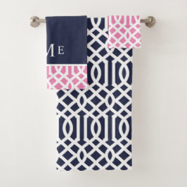 Rosa und Navy Trellis Monogram Badhandtuch Set