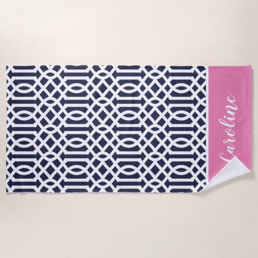 Rosa und Navy Trellis Monogram Strandtuch (Vorderseite)