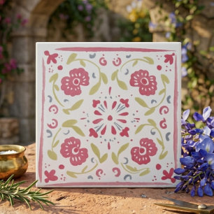 Rosa und Olivgrüne Folk-Art-Blumendekoration Fliese