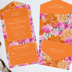 Rosa und Orange Aquarell Blumen Hochzeit im lebend All In One Einladung