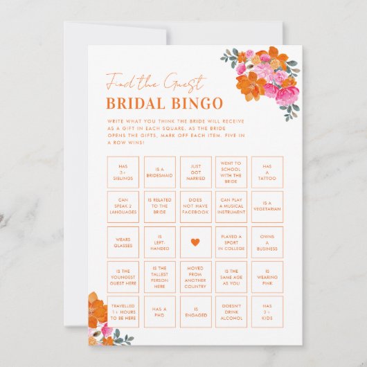 Rosa und Orange Finden Sie das Bridal Bingo Game Einladung (Vorderseite)