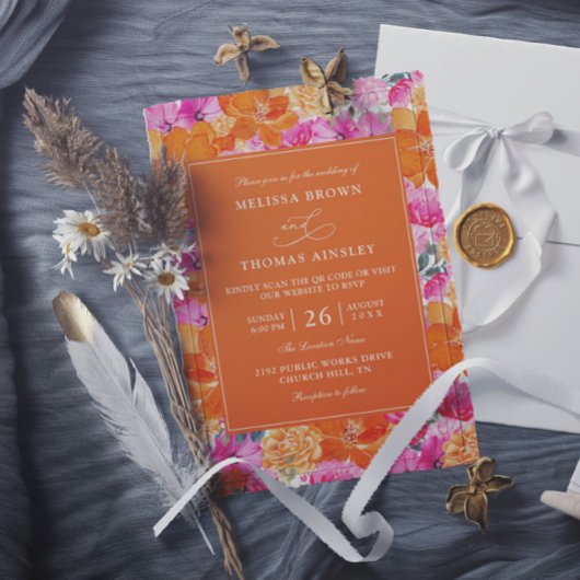 Rosa und Orange Garten Budget QR-Code Hochzeit Einladung