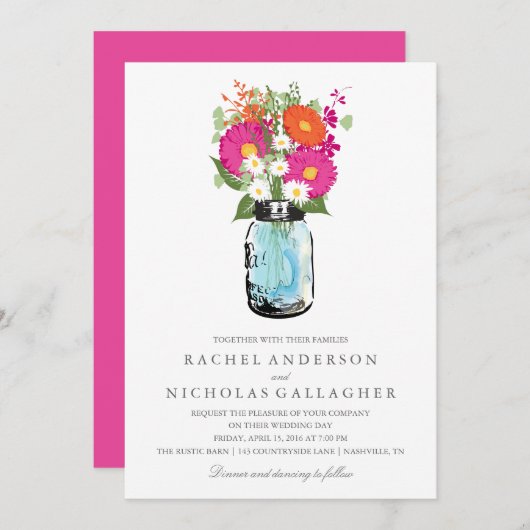 Rosa und orange Gerber Einladung (Vorne/Hinten)