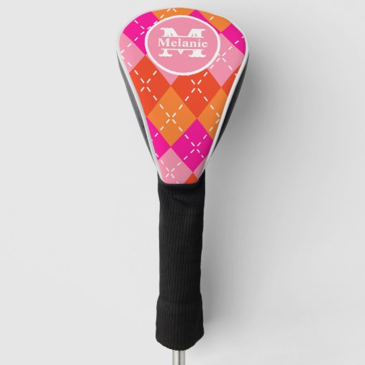 Rosa und orange Golfende Raute Preppy Personalisie Golf Headcover (Vorderseite)