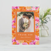 Rosa und orange-lebhafte Sommerblütenhochzeit Dankeskarte (Stehend Vorderseite)