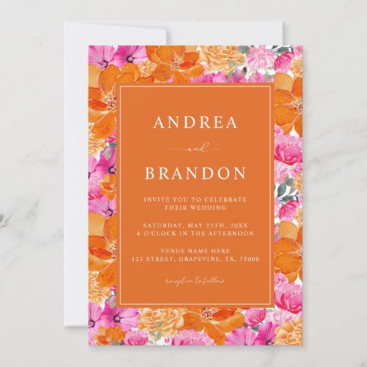 Rosa und Orange | Lebhafter Garten | QR Code Weddi Einladung (Vorderseite)